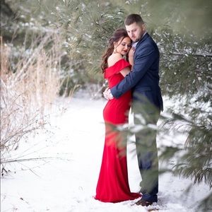 Red off the shoulder mermaid gown